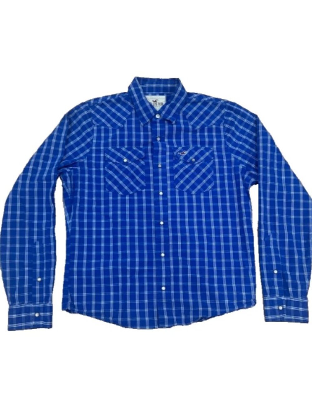 Vtg Hollister Shirt Men's Plaid Button Up Blue White Western Pearl Snap Up XL